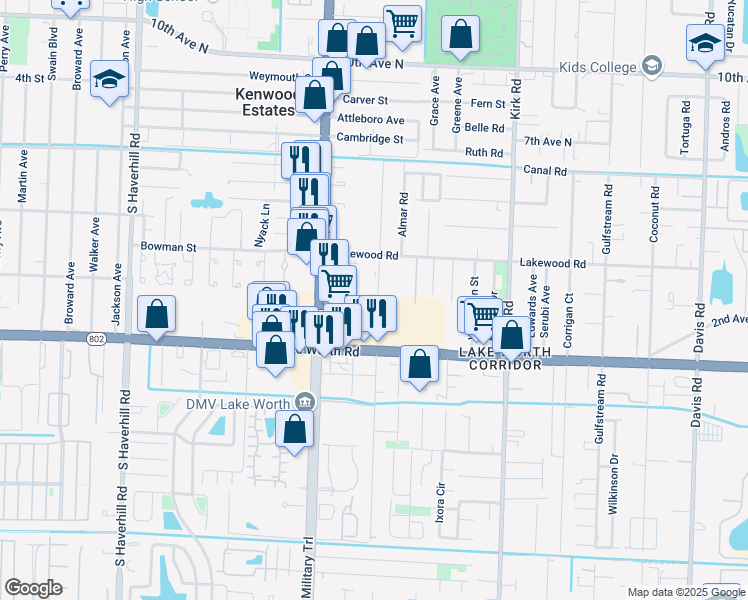 map of restaurants, bars, coffee shops, grocery stores, and more near 3842 Patio Court in Lake Worth