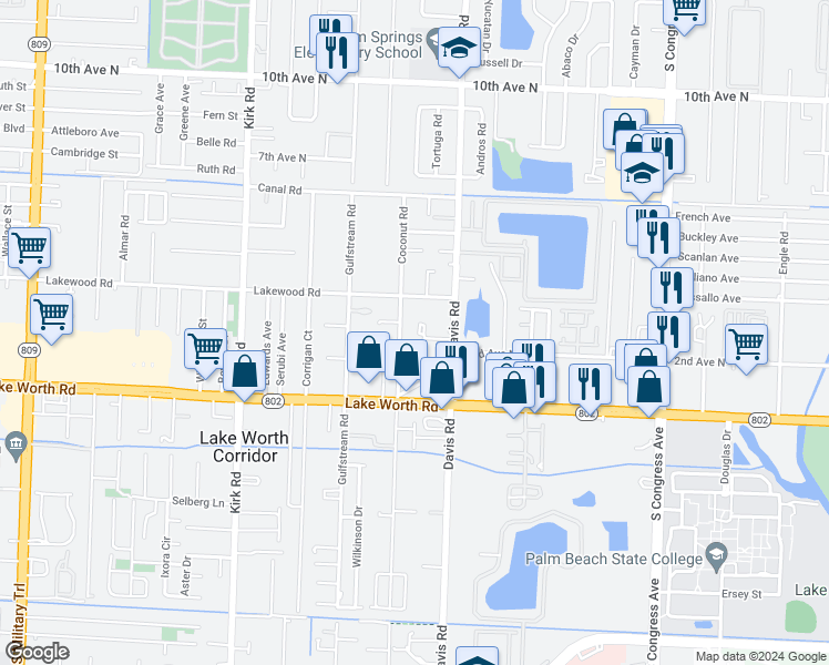 map of restaurants, bars, coffee shops, grocery stores, and more near 3567 Montante Boulevard in Lake Worth Beach