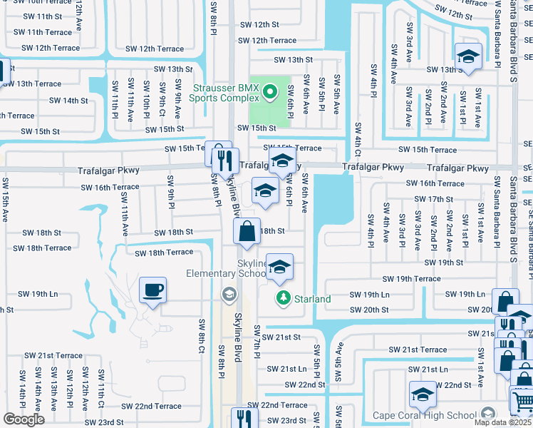 map of restaurants, bars, coffee shops, grocery stores, and more near 711 Southwest 18th Street in Cape Coral