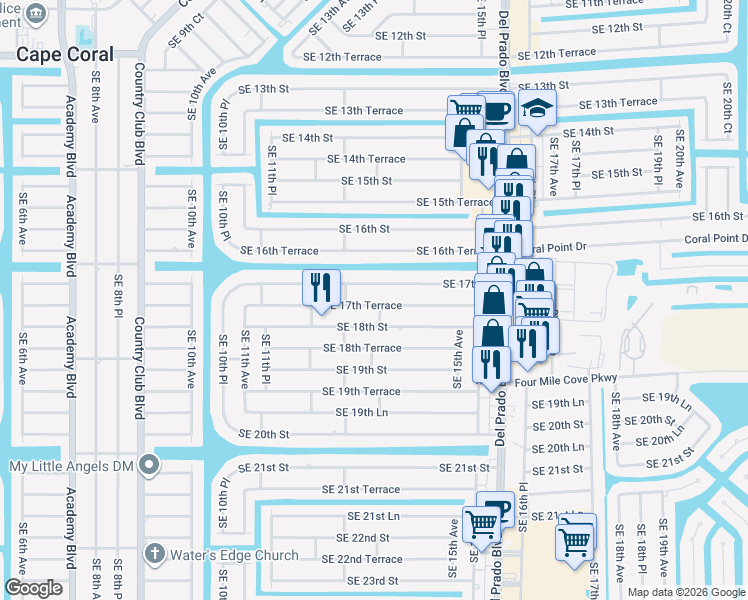 map of restaurants, bars, coffee shops, grocery stores, and more near 1319 Southeast 17th Terrace in Cape Coral