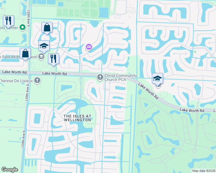 map of restaurants, bars, coffee shops, grocery stores, and more near 4095 Wellington Shores Drive in Wellington