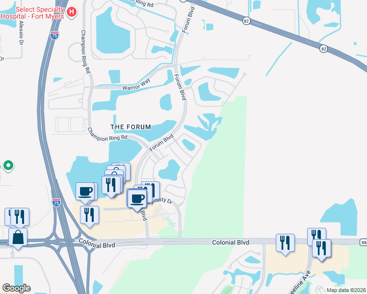 map of restaurants, bars, coffee shops, grocery stores, and more near 10005 Ravello Boulevard in Fort Myers