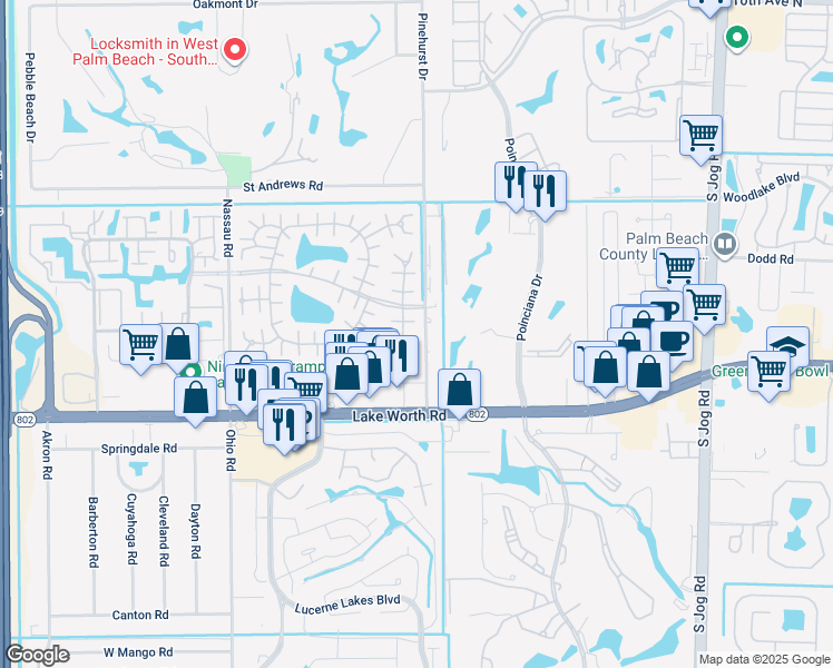 map of restaurants, bars, coffee shops, grocery stores, and more near 373 Bennington Lane in Greenacres