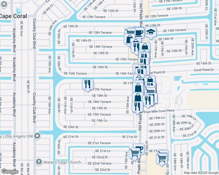 map of restaurants, bars, coffee shops, grocery stores, and more near 1419 Southeast 17th Terrace in Cape Coral