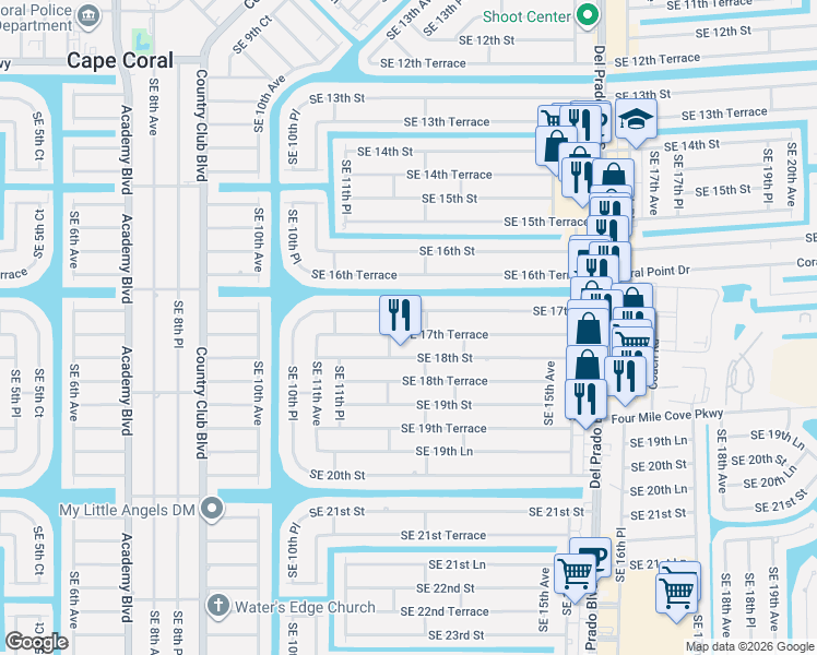 map of restaurants, bars, coffee shops, grocery stores, and more near 1220 Southeast 17th Street in Cape Coral