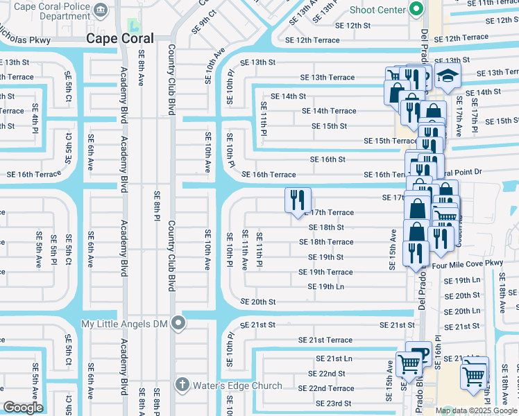 map of restaurants, bars, coffee shops, grocery stores, and more near 1115 Southeast 17th Terrace in Cape Coral