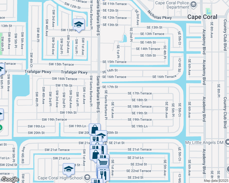 map of restaurants, bars, coffee shops, grocery stores, and more near 133 Southeast 17th Terrace in Cape Coral