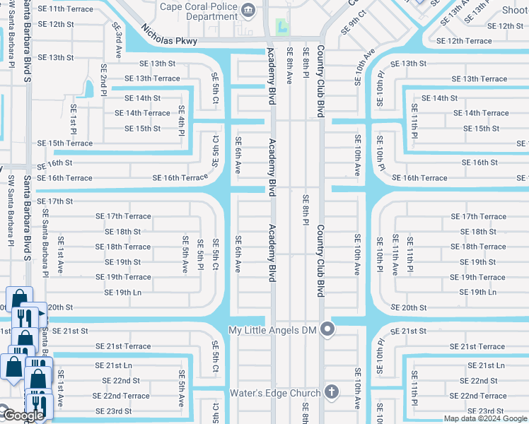 map of restaurants, bars, coffee shops, grocery stores, and more near 623 Southeast 17th Terrace in Cape Coral