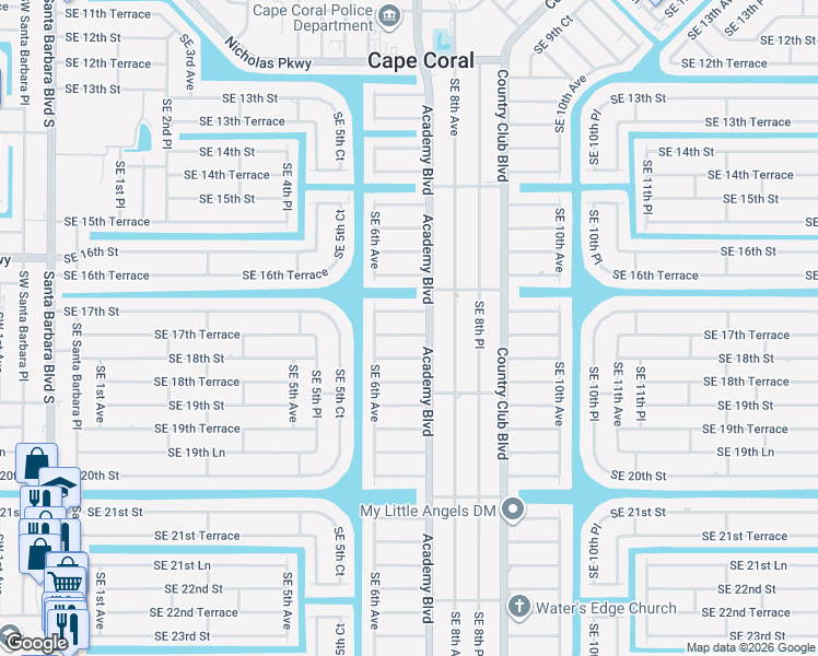 map of restaurants, bars, coffee shops, grocery stores, and more near 623 Southeast 17th Terrace in Cape Coral