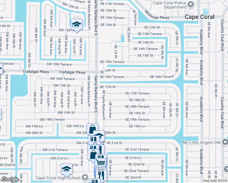 map of restaurants, bars, coffee shops, grocery stores, and more near 133 Southeast 17th Terrace in Cape Coral