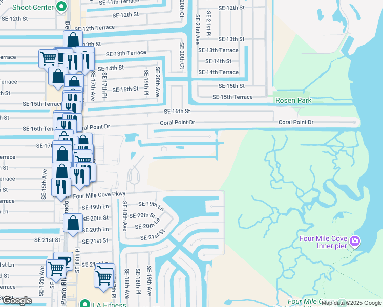 map of restaurants, bars, coffee shops, grocery stores, and more near 1795 Four Mile Cove Parkway in Cape Coral