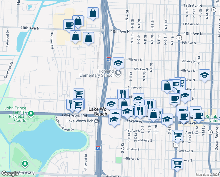 map of restaurants, bars, coffee shops, grocery stores, and more near 1751 4th Avenue North in Lake Worth