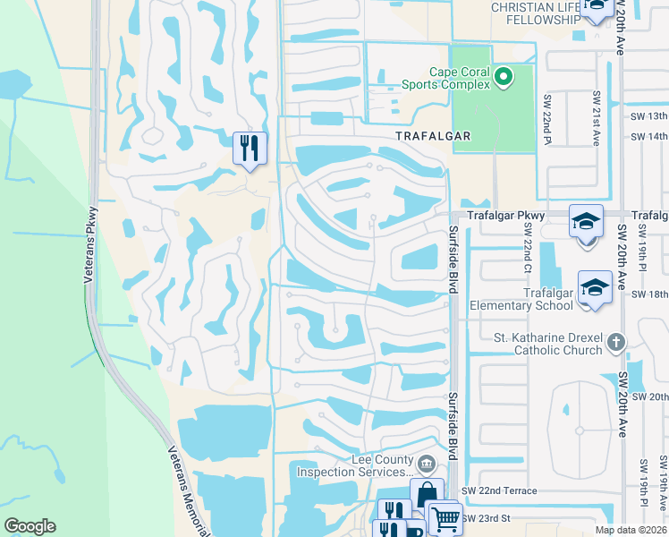 map of restaurants, bars, coffee shops, grocery stores, and more near 2641 Brightside Court in Cape Coral