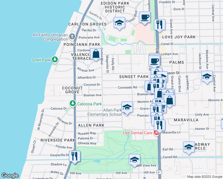 map of restaurants, bars, coffee shops, grocery stores, and more near 1640 Coronado Road in Fort Myers