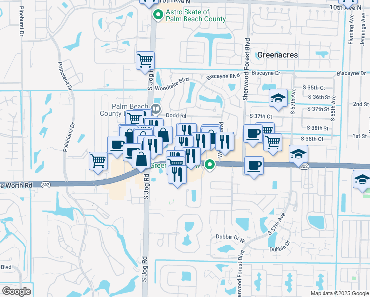 map of restaurants, bars, coffee shops, grocery stores, and more near 6295 Lake Worth Road in Greenacres