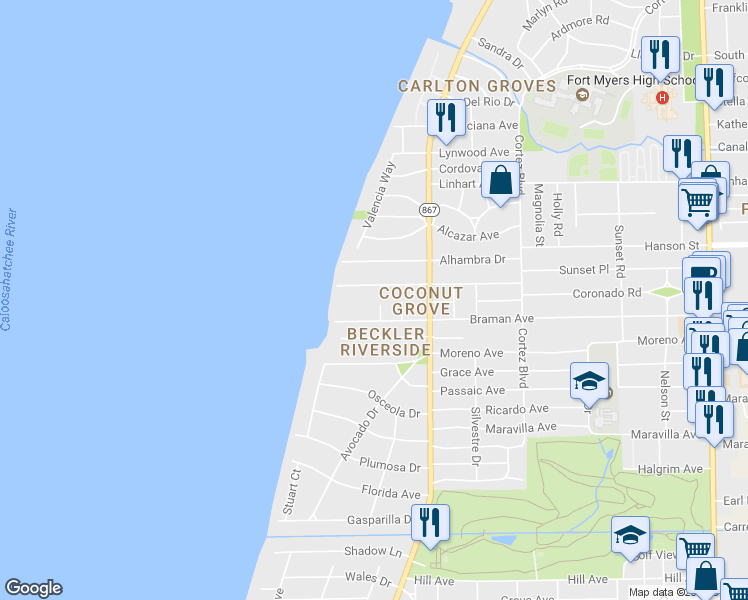 map of restaurants, bars, coffee shops, grocery stores, and more near 5 West Braman Court in Fort Myers