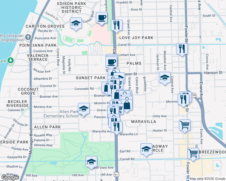 map of restaurants, bars, coffee shops, grocery stores, and more near in Fort Myers