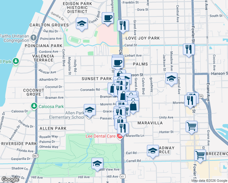 map of restaurants, bars, coffee shops, grocery stores, and more near 1936 Coronado Road in Fort Myers
