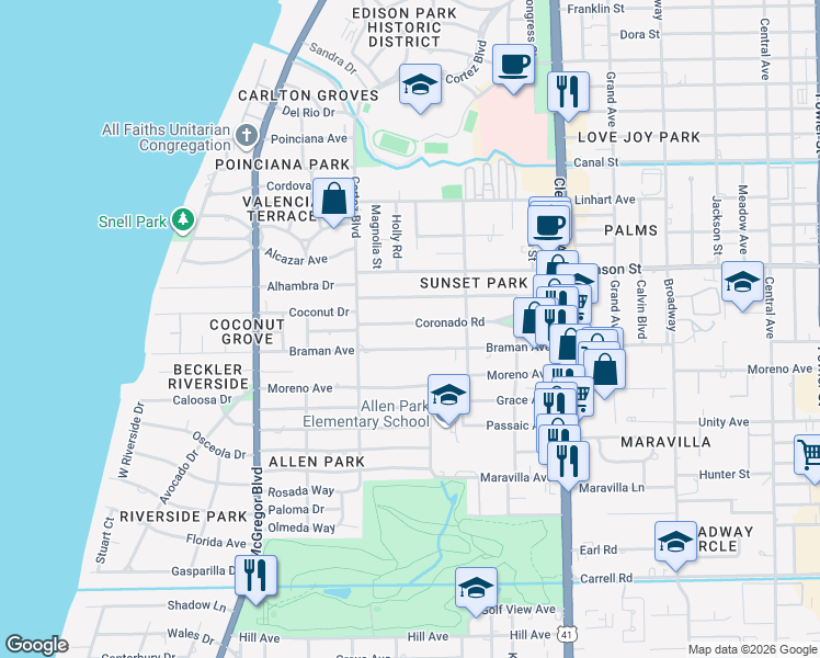 map of restaurants, bars, coffee shops, grocery stores, and more near 1708 Coronado Road in Fort Myers