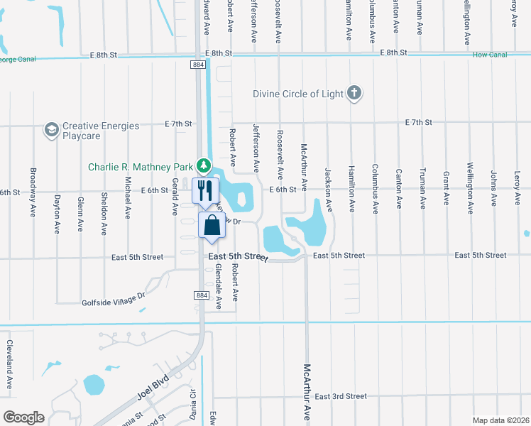 map of restaurants, bars, coffee shops, grocery stores, and more near 2504 Lakeview Drive in Lehigh Acres