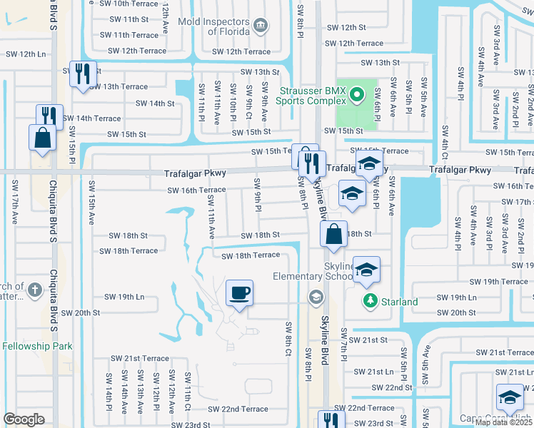 map of restaurants, bars, coffee shops, grocery stores, and more near 859 Southwest 17th Terrace in Cape Coral