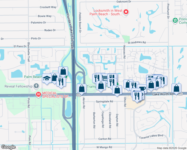map of restaurants, bars, coffee shops, grocery stores, and more near 3877 Hadjes Drive in Lake Worth
