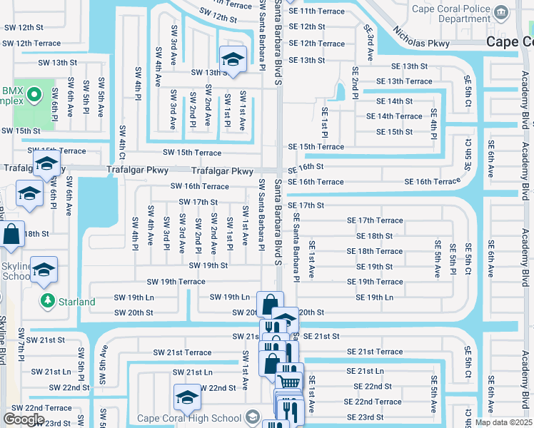 map of restaurants, bars, coffee shops, grocery stores, and more near 1709 Southwest Santa Barbara Place in Cape Coral
