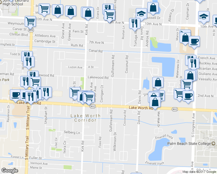 map of restaurants, bars, coffee shops, grocery stores, and more near 3831 Gulfstream Road in Lake Worth