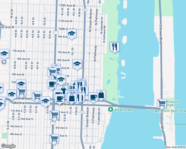 map of restaurants, bars, coffee shops, grocery stores, and more near 411 North Palmway in Lake Worth