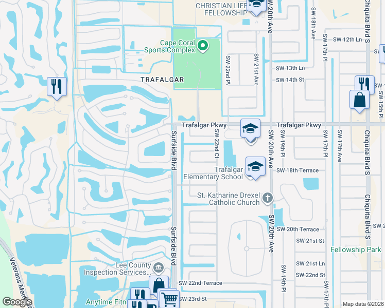 map of restaurants, bars, coffee shops, grocery stores, and more near 2318 Southwest 17th Street in Cape Coral