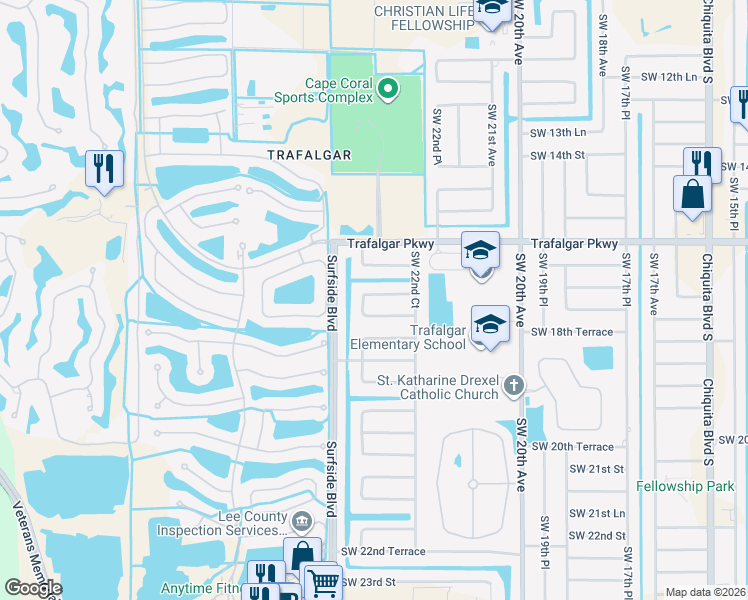 map of restaurants, bars, coffee shops, grocery stores, and more near 2318 Southwest 17th Street in Cape Coral