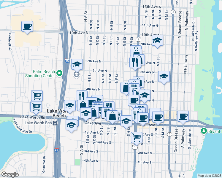 map of restaurants, bars, coffee shops, grocery stores, and more near 402 North E Street in Lake Worth