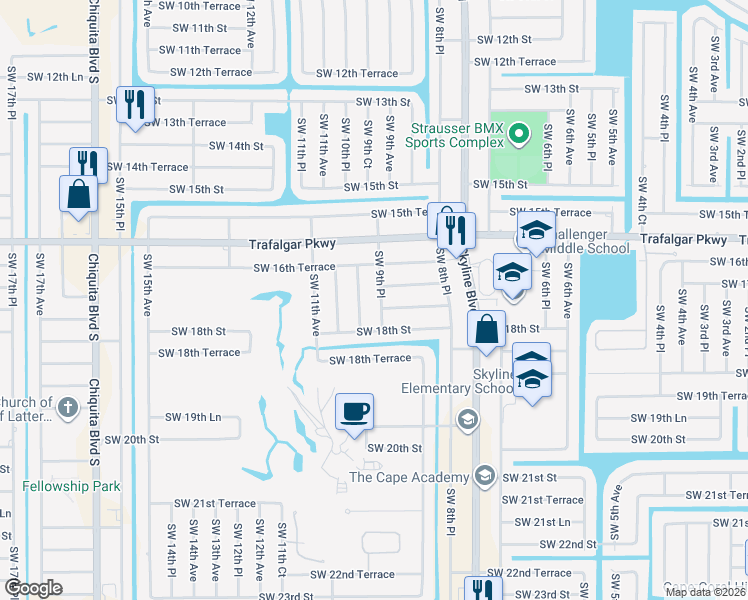 map of restaurants, bars, coffee shops, grocery stores, and more near 859 Southwest 17th Terrace in Cape Coral