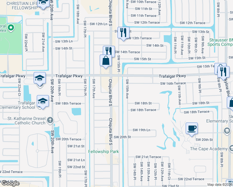 map of restaurants, bars, coffee shops, grocery stores, and more near 1706 Southwest 15th Place in Cape Coral