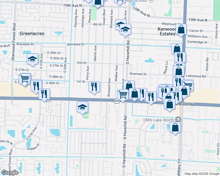 map of restaurants, bars, coffee shops, grocery stores, and more near 132 Broward Avenue in Greenacres