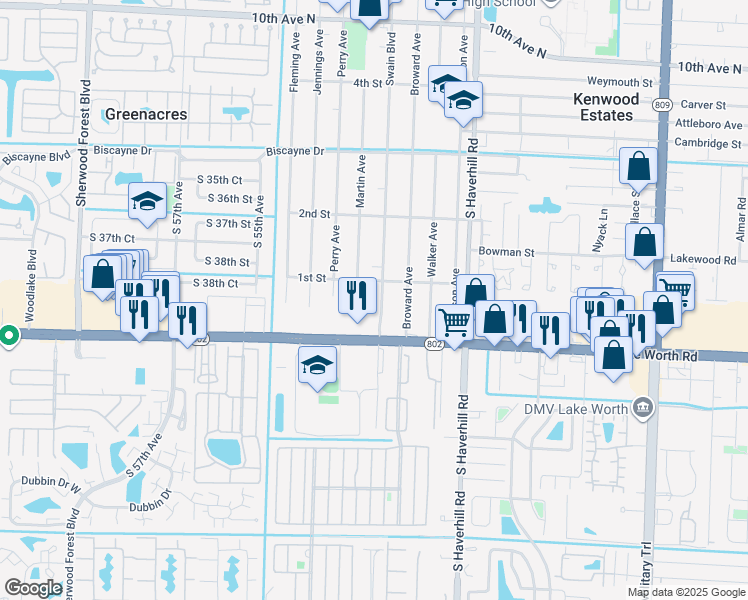 map of restaurants, bars, coffee shops, grocery stores, and more near 137 Swain Boulevard in Greenacres