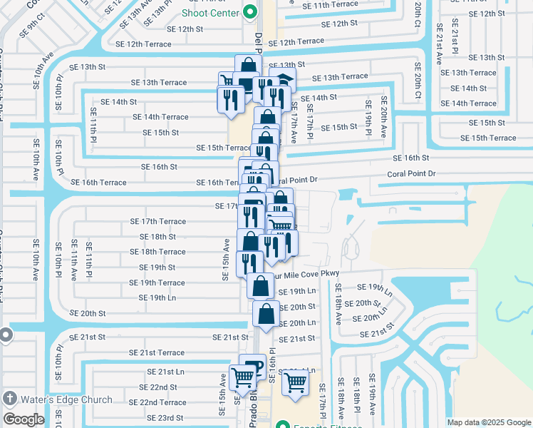 map of restaurants, bars, coffee shops, grocery stores, and more near 1707 Del Prado Boulevard South in Cape Coral