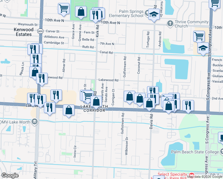 map of restaurants, bars, coffee shops, grocery stores, and more near 3831 Corrigan Court in Lake Worth