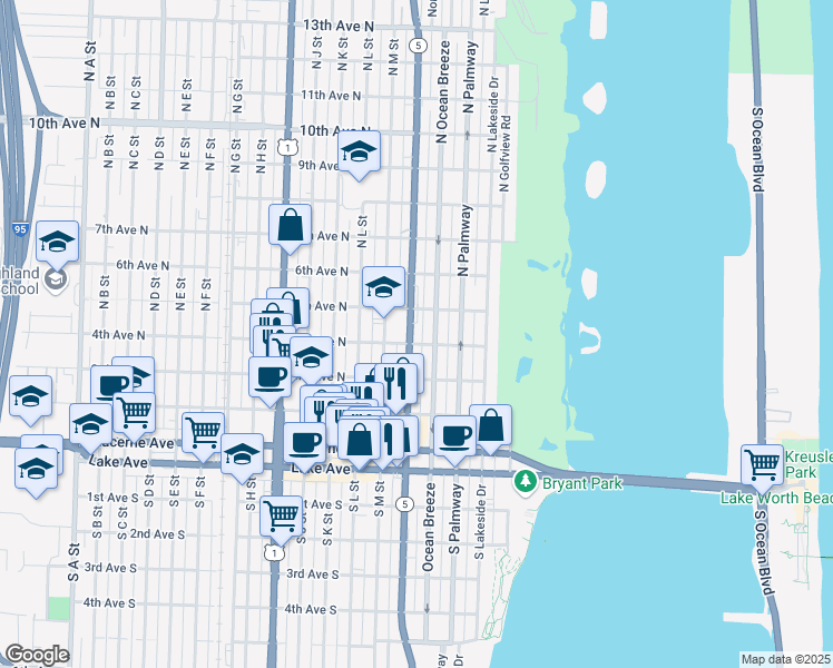 map of restaurants, bars, coffee shops, grocery stores, and more near 410 North Federal Highway in Lake Worth