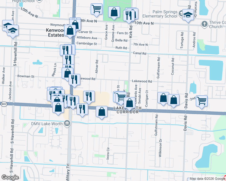 map of restaurants, bars, coffee shops, grocery stores, and more near 3840 Kenyon Rd in Lake Worth