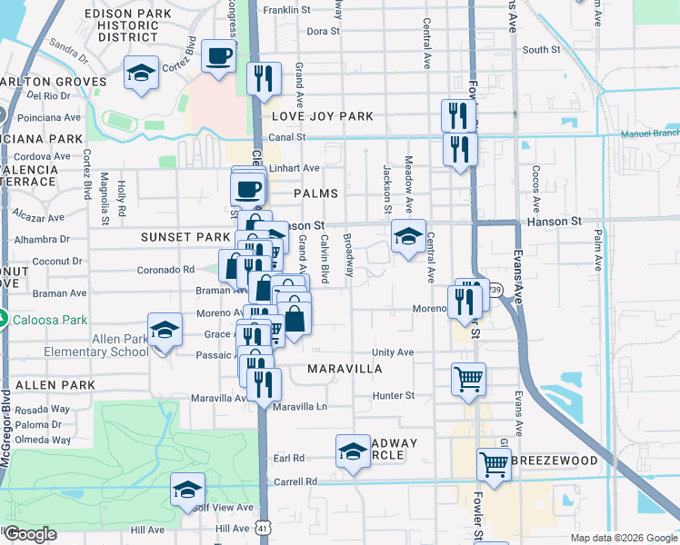 map of restaurants, bars, coffee shops, grocery stores, and more near 3050 Broadway in Fort Myers