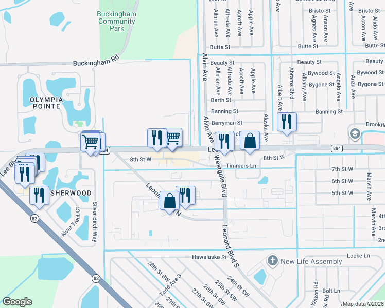map of restaurants, bars, coffee shops, grocery stores, and more near 5580 8th Street West in Lehigh Acres