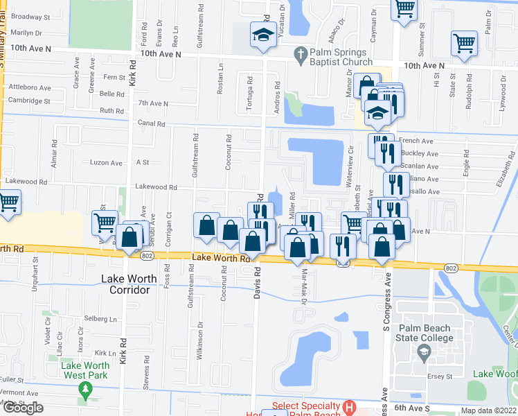 map of restaurants, bars, coffee shops, grocery stores, and more near 3819 Davis Road in Lake Worth