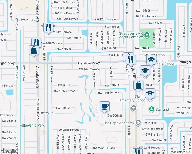 map of restaurants, bars, coffee shops, grocery stores, and more near 1707 Southwest 11th Avenue in Cape Coral