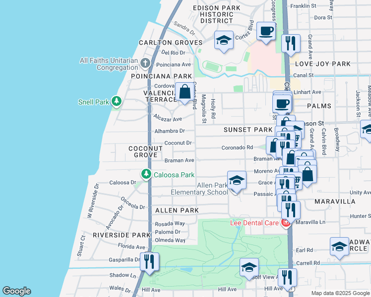 map of restaurants, bars, coffee shops, grocery stores, and more near 1573 Ransom Street in Fort Myers