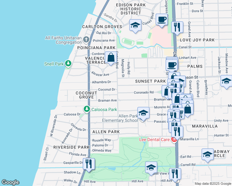 map of restaurants, bars, coffee shops, grocery stores, and more near 1573 Ransom Street in Fort Myers
