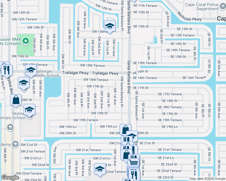 map of restaurants, bars, coffee shops, grocery stores, and more near 1708 Southwest 1st Avenue in Cape Coral