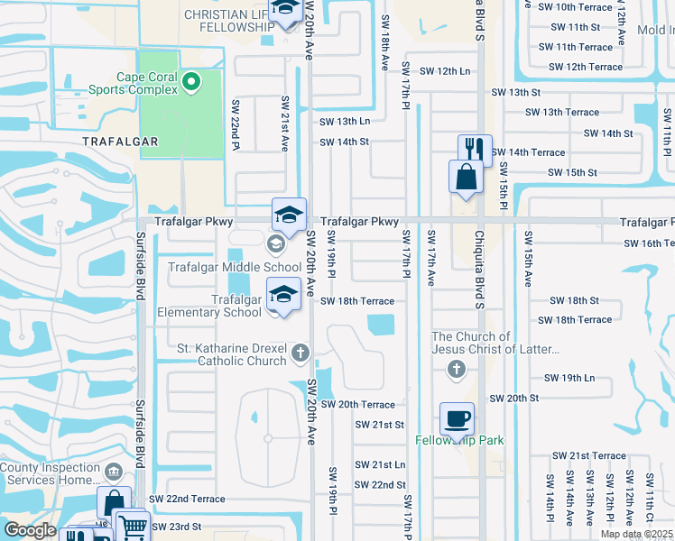 map of restaurants, bars, coffee shops, grocery stores, and more near 1707 Southwest 19th Place in Cape Coral