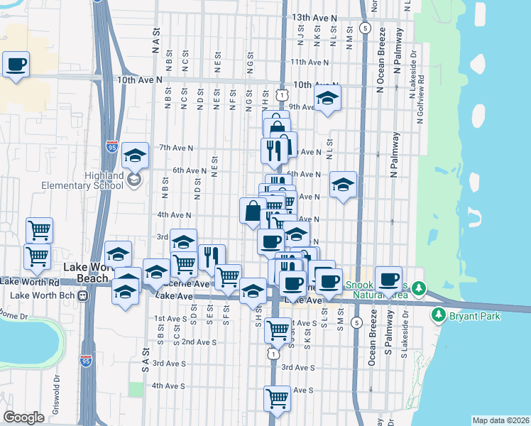 map of restaurants, bars, coffee shops, grocery stores, and more near 408 North H Street in Lake Worth