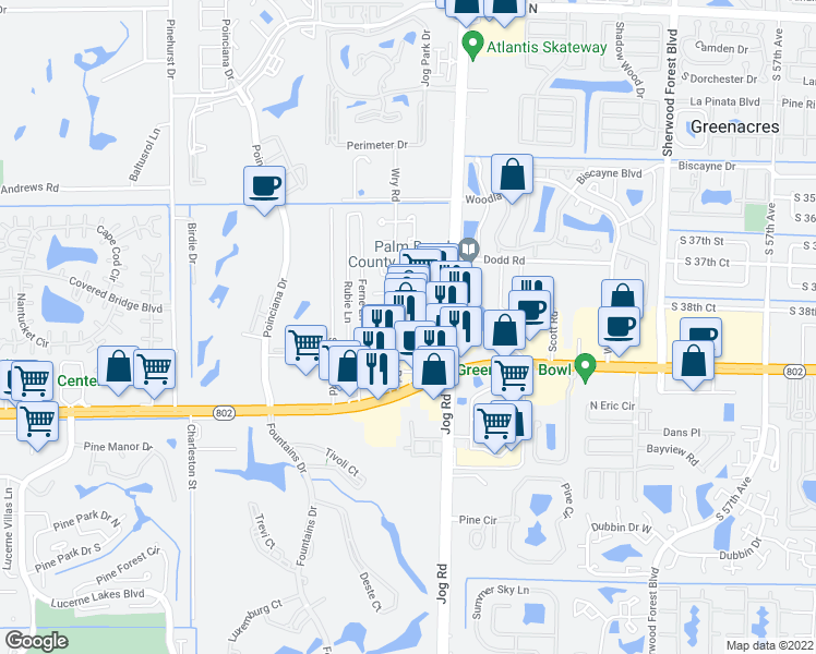 map of restaurants, bars, coffee shops, grocery stores, and more near 3935 Jog Road in Greenacres